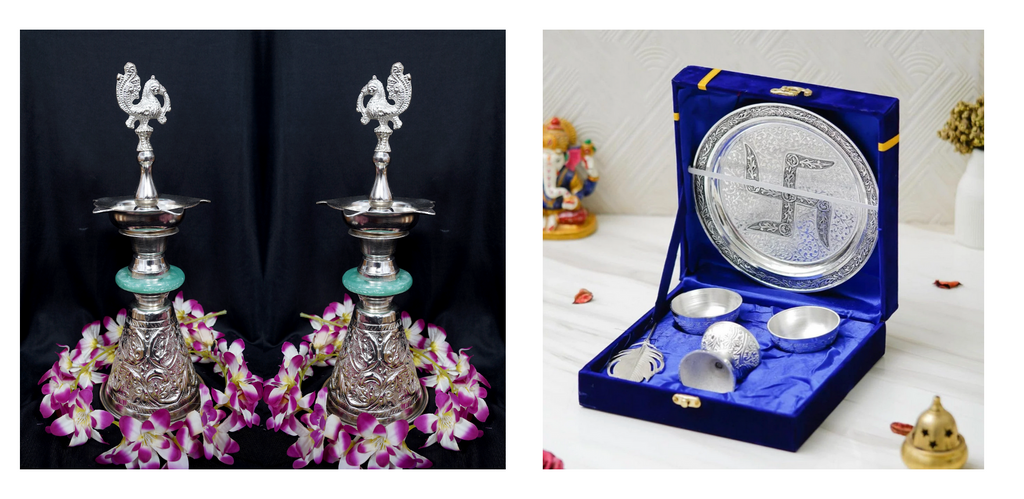 Combo - Peacock Diya 14" + Pooja Thali Set