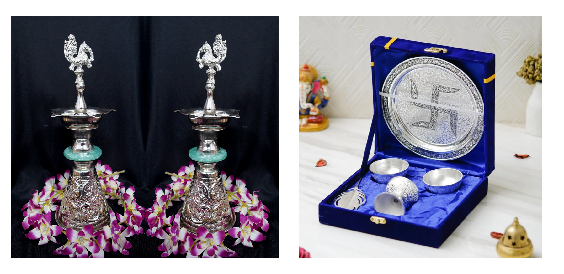 Combo - Peacock Diya 14" + Pooja Thali Set