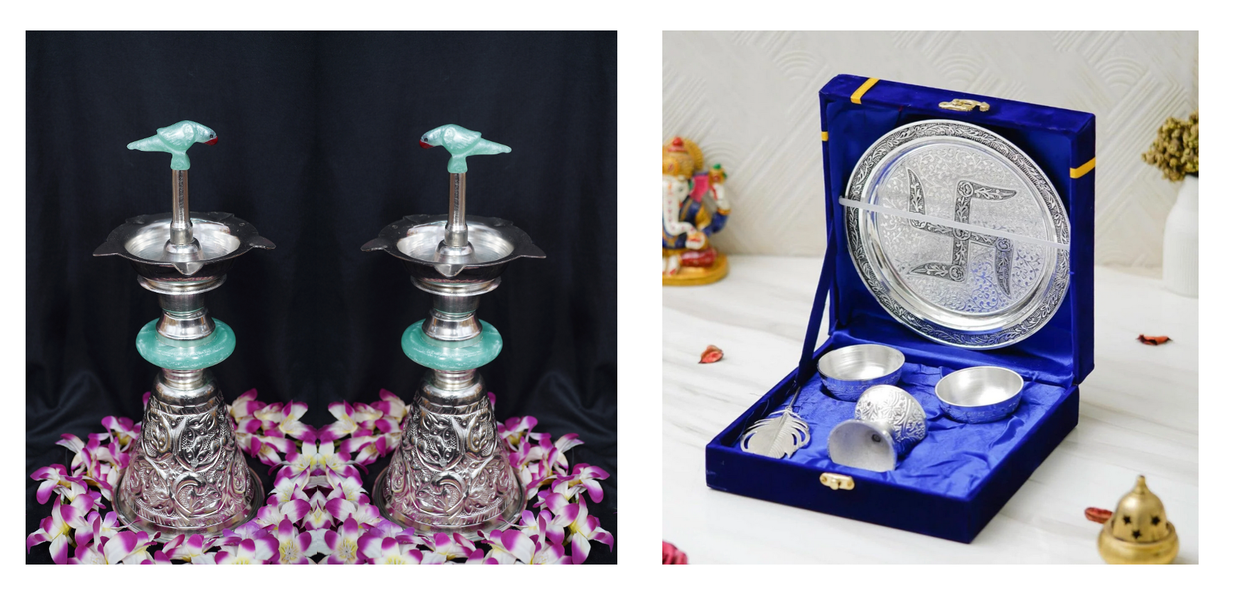 Combo - Parrot Diya 12" + Pooja Thali Set